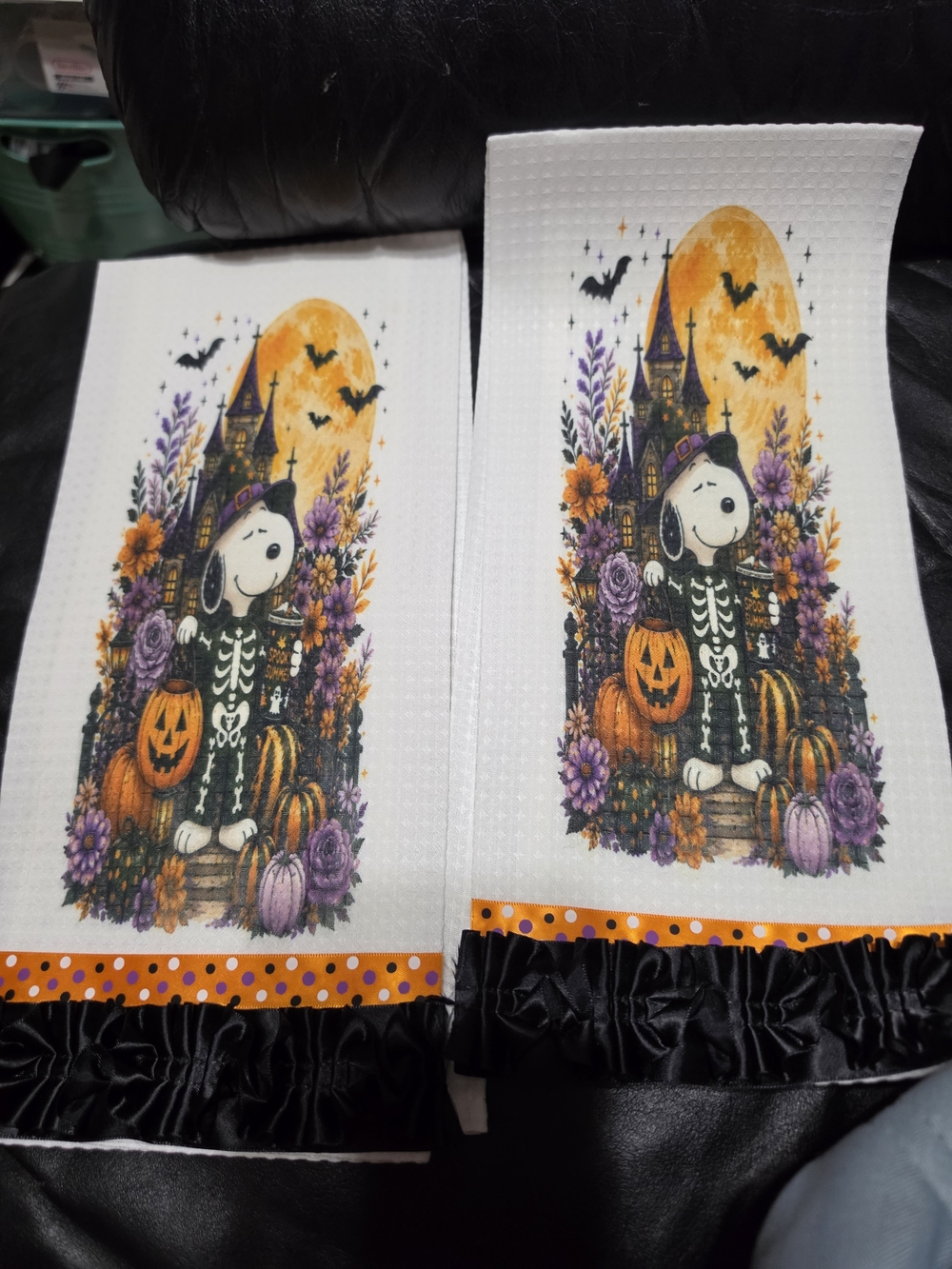 Halloween Snoopy Skeleton Kitchen Towels - White with Orange & Purple